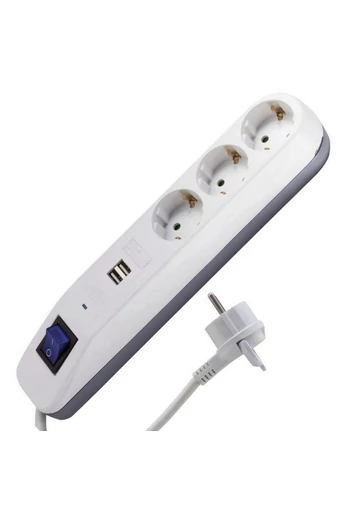 Asztali elosztó "ICE" 3-as kapcsolóval 2USB-vel 1.4m fehér-szürke