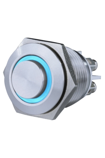 Csengő nyomógomb, beépíthető, fém, kék LED fénnyel 12V, 1.5A  18mm