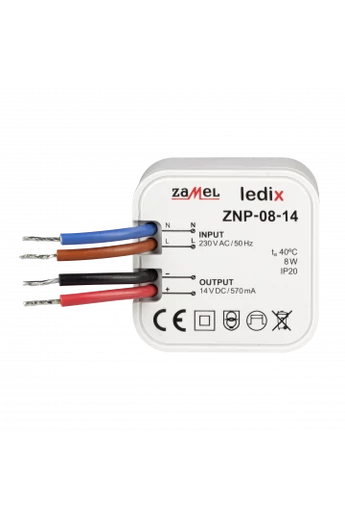 ZNP-08-14 LED tápegység; kötődobozba; 14V DC; 8W (Ledix)