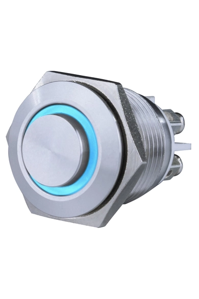 Csengő nyomógomb, beépíthető, fém, kék LED fénnyel 12V, 1.5A  18mm