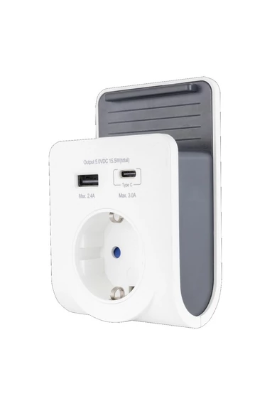 Földelt köztes csatlakozó aljzat 2xUSB töltővel és mobiltelefon tartóval