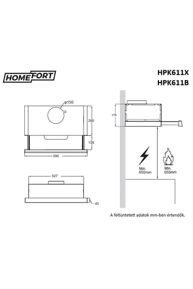 HOMEFORT Beépíthető sütő + kerámia főzőlap + ajándék kihúzható elszívó, HSB64DGB + HFBK64T2B + HPK611B, fekete | 70547