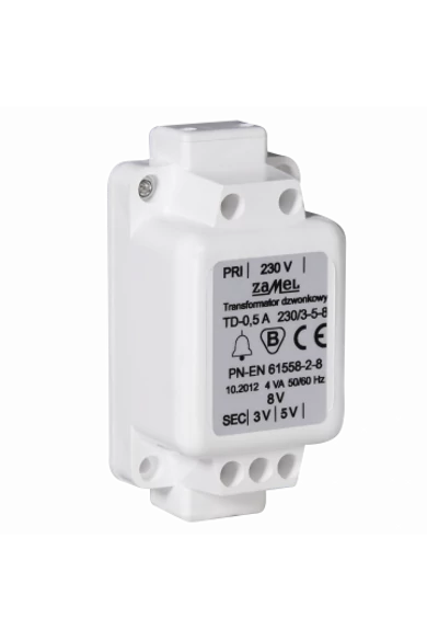 Csengő transzformátor, 230V / 3-5-8V, 0.5A, IP30, TD-230