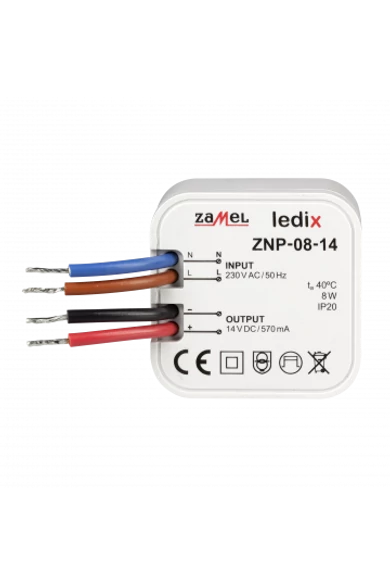 ZNP-08-14 LED tápegység; kötődobozba; 14V DC; 8W (Ledix)